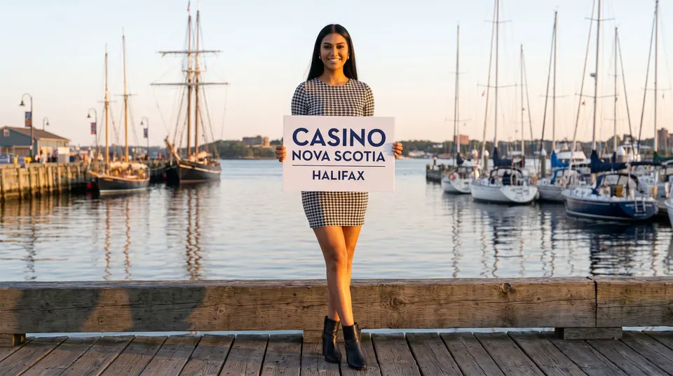Mira Dauphinee, the host of this guide, in a black-and-white houndstooth mini dress, stands on a wooden harbour boardwalk at golden hour among moored sailboats, holding a white sign that reads Casino Nova Scotia, Halifax.